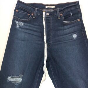 Levis Ribcage Straight Ankle Jeans Dark Wash Distressed Button Fly Size 32